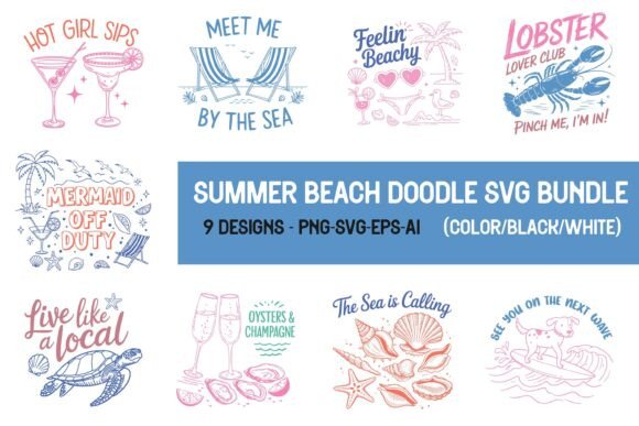 Retro Summer Beach Doodle SVG PNG Bundle